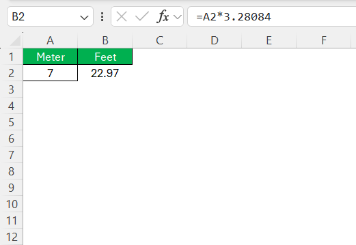 Meters to Feet in Excel