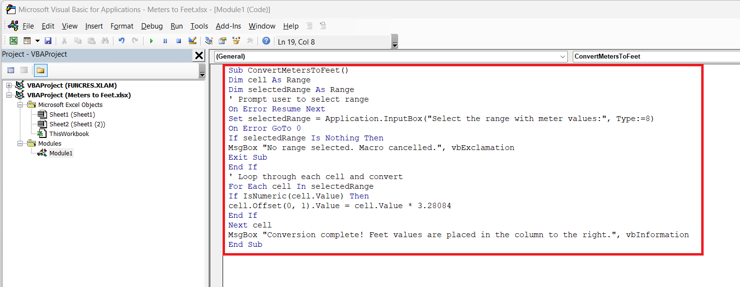 Meters to Feet in Excel