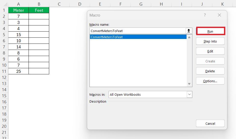 Meters to Feet in Excel
