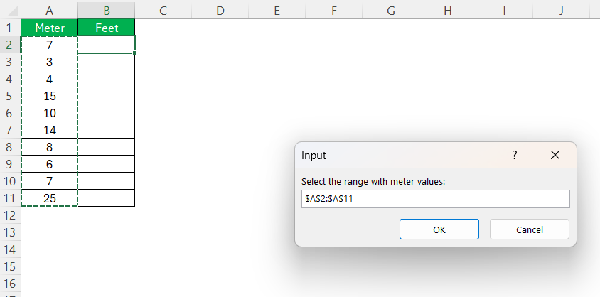Meters to Feet in Excel