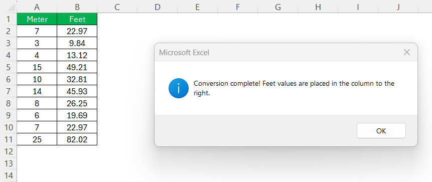 Meters to Feet in Excel