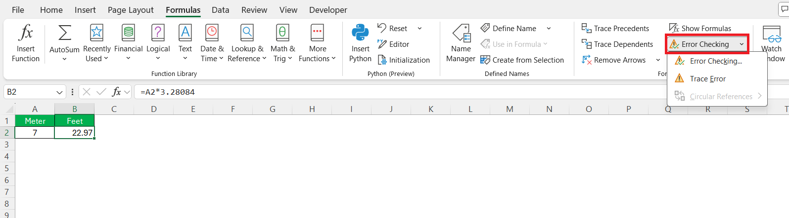 Meters to Feet in Excel