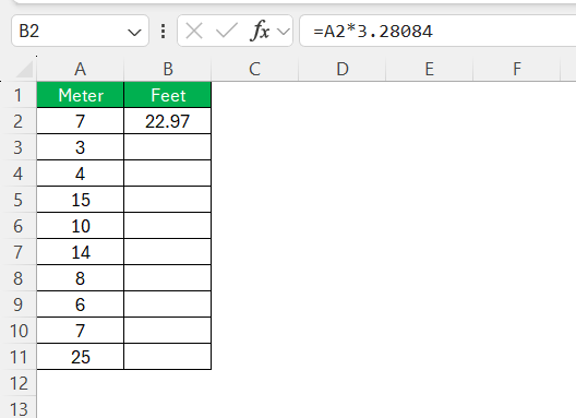 Meters to Feet in Excel