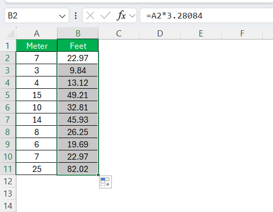 Meters to Feet in Excel