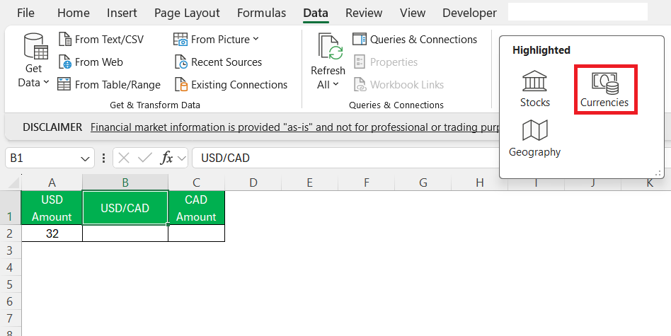 Convert USD to CAD in Excel