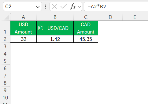 Convert USD to CAD in Excel