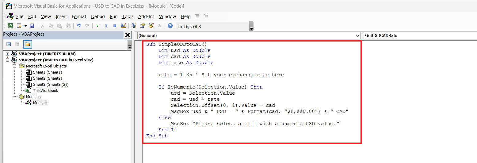 Convert USD to CAD in Excel