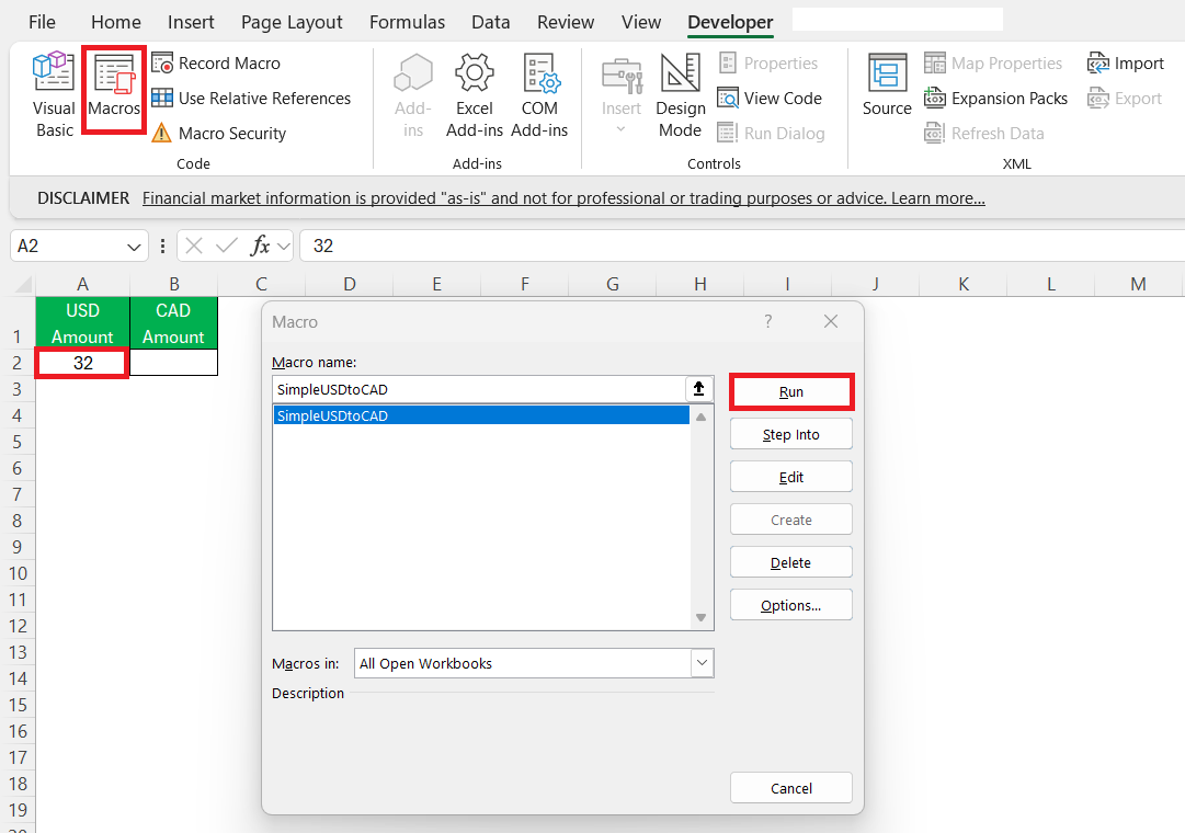 Convert USD to CAD in Excel