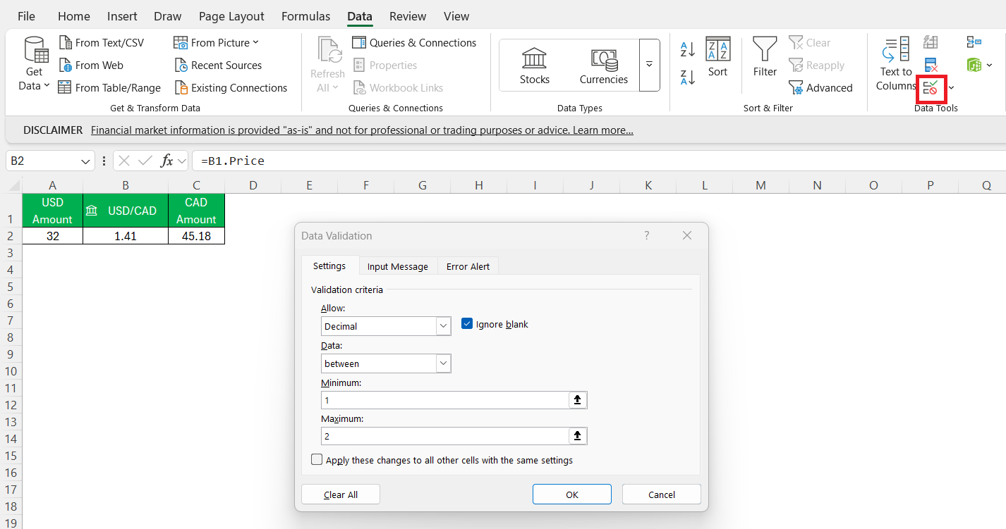 Convert USD to CAD in Excel