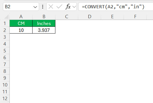 CM to Inches in Excel