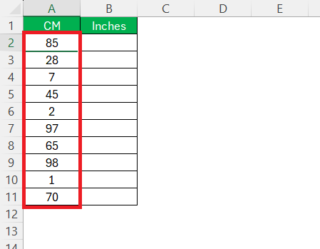 CM to Inches in Excel