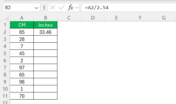 CM to Inches in Excel