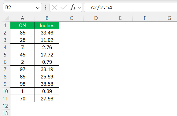 CM to Inches in Excel