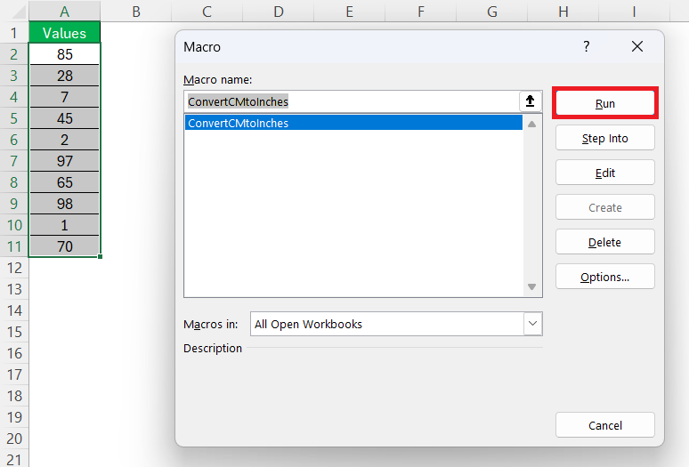 CM to Inches in Excel