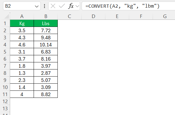 Kg to Lbs in Excel