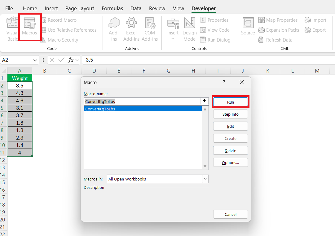 Kg to Lbs in Excel