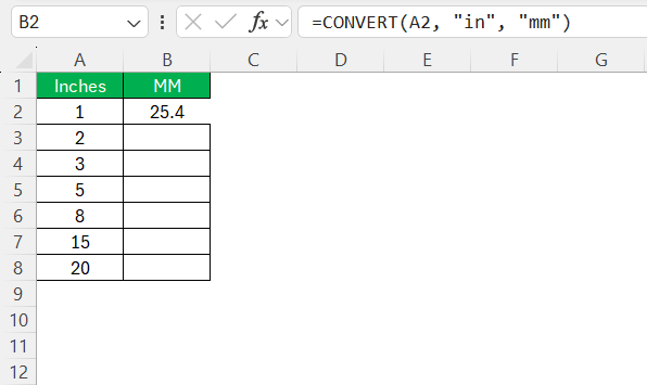 Inches to MM in Excel