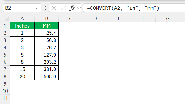 Inches to MM in Excel