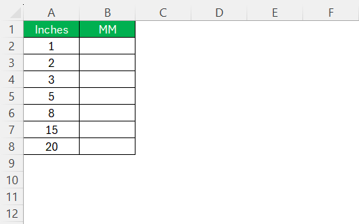 Inches to MM in Excel