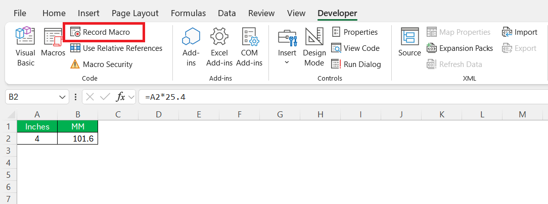 Inches to MM in Excel