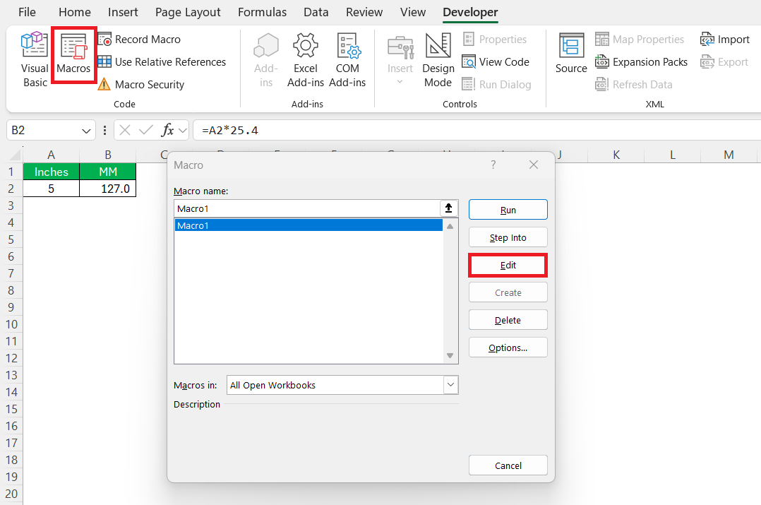 Inches to MM in Excel
