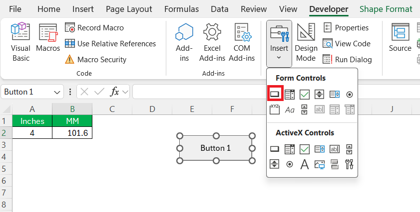 Inches to MM in Excel