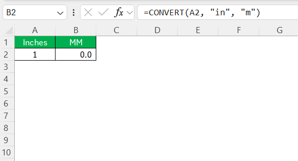 Inches to MM in Excel