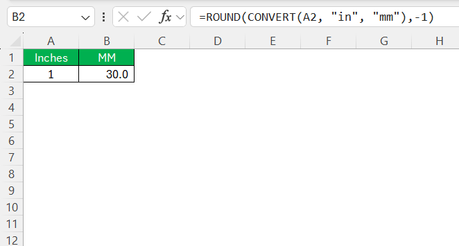 Inches to MM in Excel