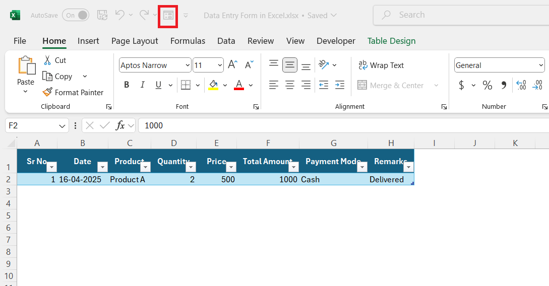 Data Entry Form in Excel