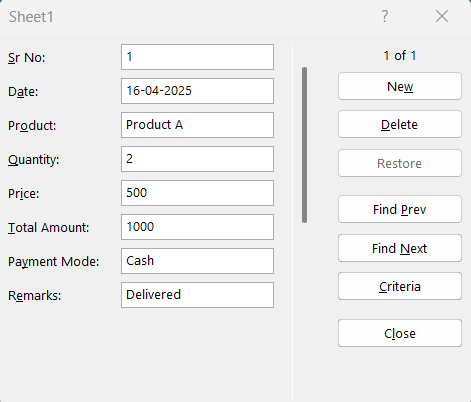 Data Entry Form in Excel