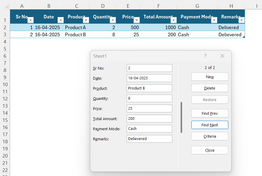 Data Entry Form in Excel