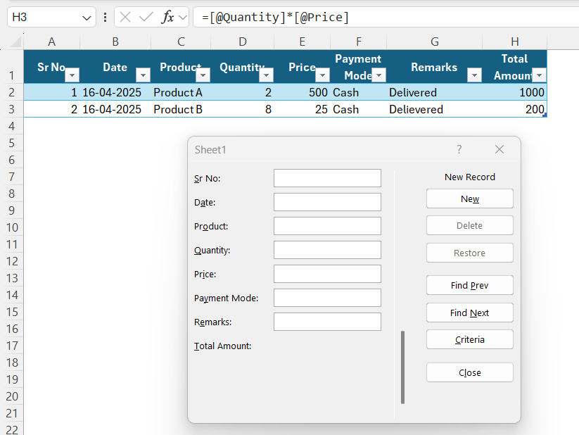 Data Entry Form in Excel