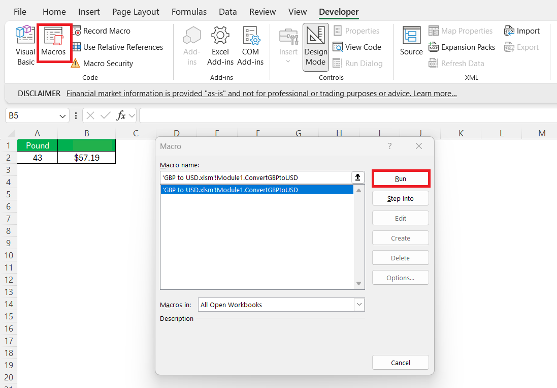 GBP to USD in Excel