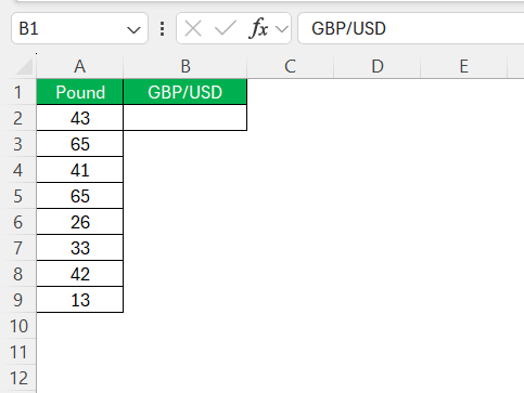 GBP to USD in Excel