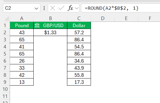 GBP to USD in Excel
