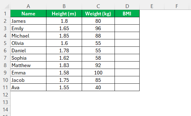 BMI Formula in Excel