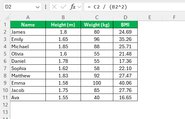 BMI Formula in Excel