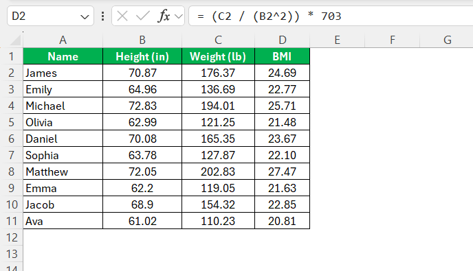 BMI Formula in Excel