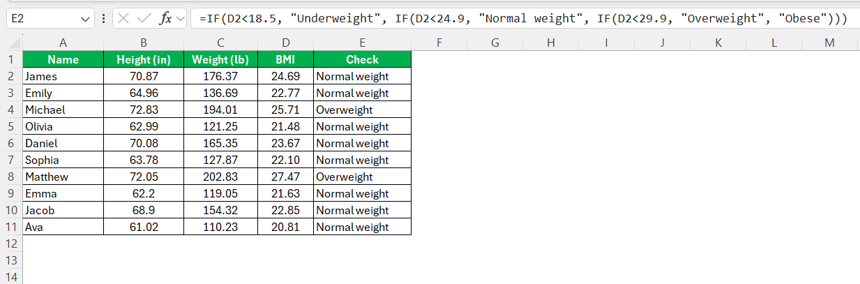 BMI Formula in Excel