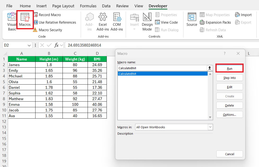BMI Formula in Excel
