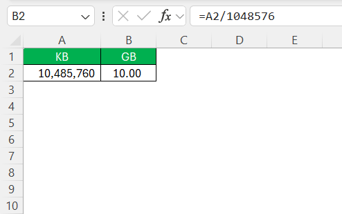 Kilobytes to Gigabytes in Excel