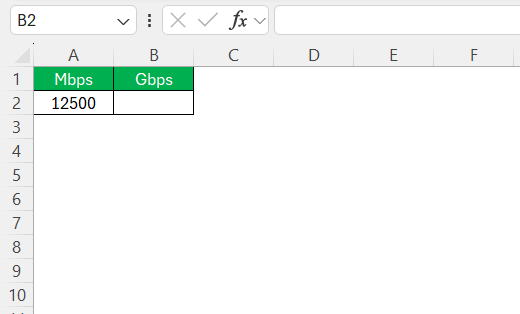 Mbps to Gbps in Excel
