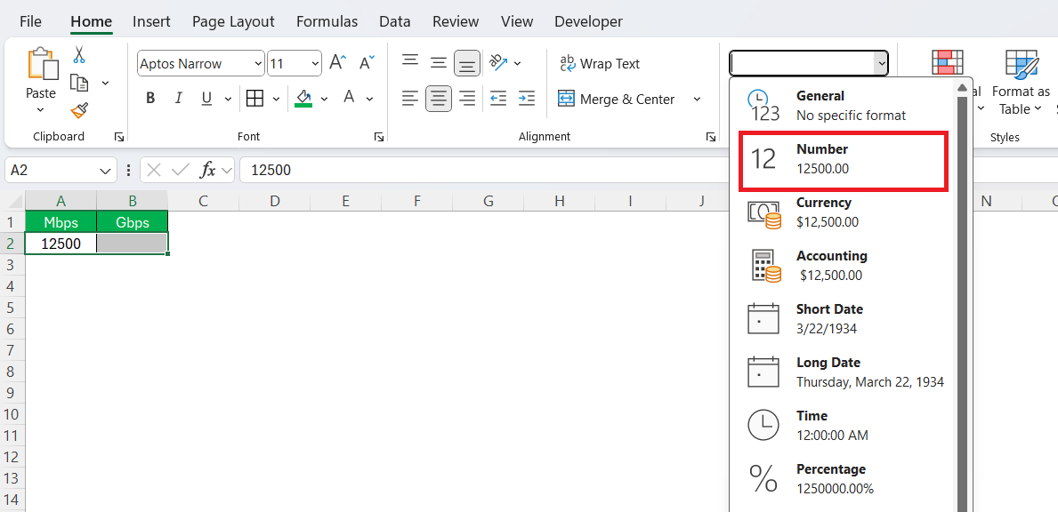 Mbps to Gbps in Excel