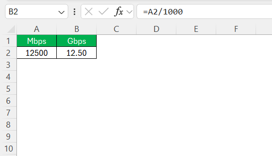 Mbps to Gbps in Excel