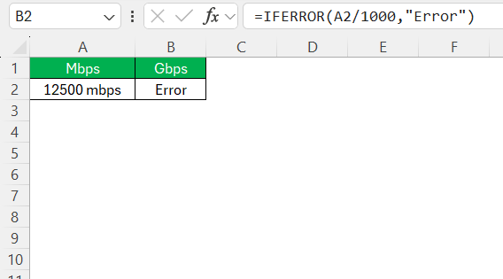 Mbps to Gbps in Excel
