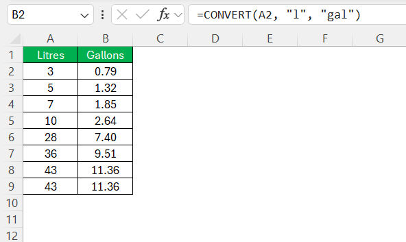Convert Liters to Gallons in Excel