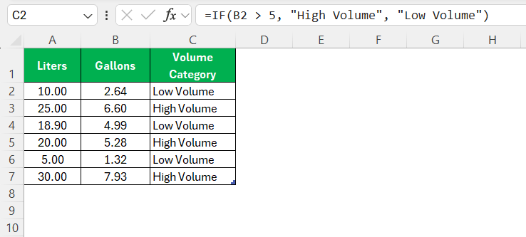 Convert Liters to Gallons in Excel