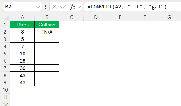 Convert Liters to Gallons in Excel