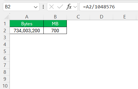 Bytes to MB