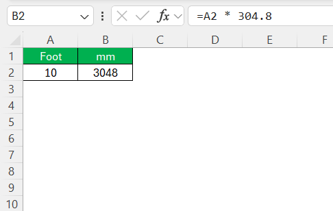 Foot to MM in Excel